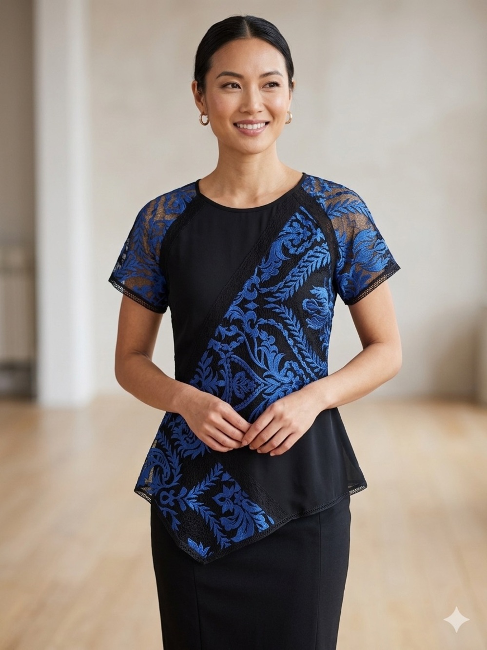 VENUS Black Short Sleeve Top with Blue Lace Panels